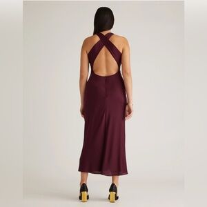 Quince Washable Silk High Neck Cross Back Stretch Midi Dress Burgundy size M